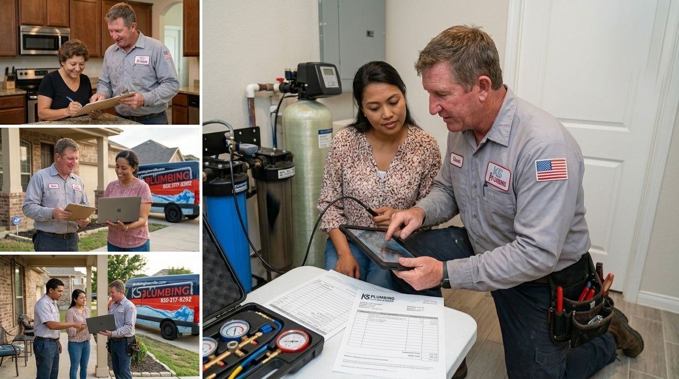 Technician showing paperwork and tablet to homeowner in a garage, with a red service truck outside.