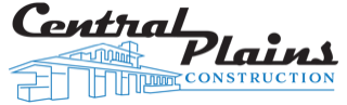 Logo for Central Plains Construction. Black text and blue building illustration.
