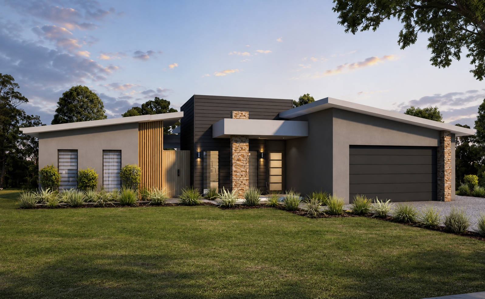 Modern single-story house with a dark garage, warm wood accents, and a manicured lawn at sunset
