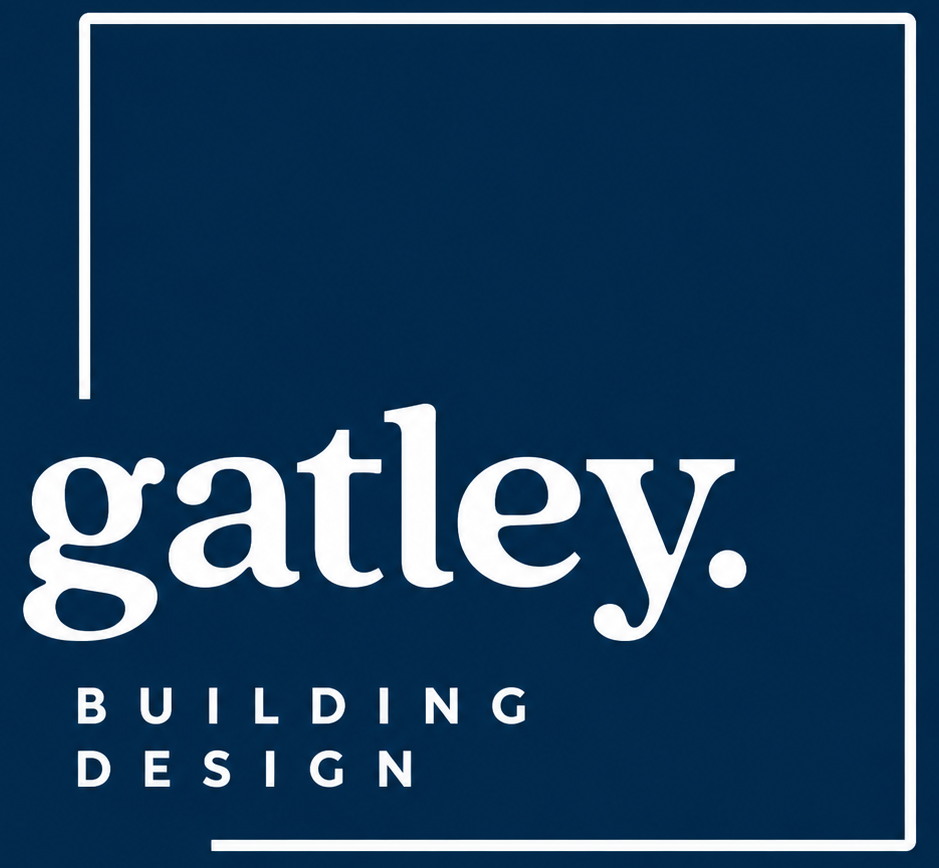Gatley Building Design logo in white on a dark blue background with a thin white border.