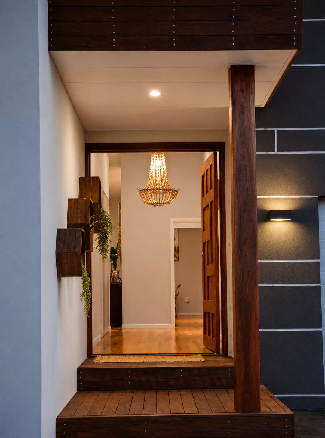 Modern home entryway with wood accents, hanging chandelier, and tiled wall corridor