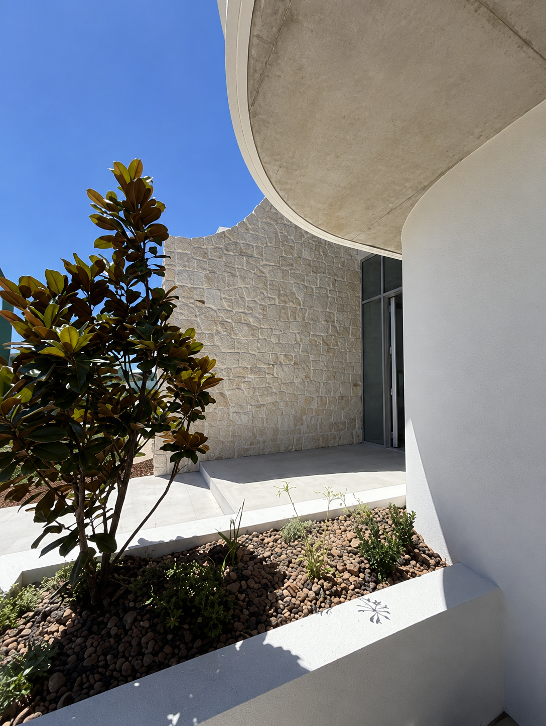 Modern white building entrance with curved wall, stone facade, and small tree under a clear blue sky