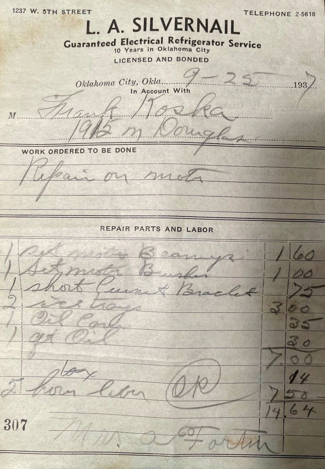 Invoice for electrical refrigerator service. Handwritten with itemized costs.