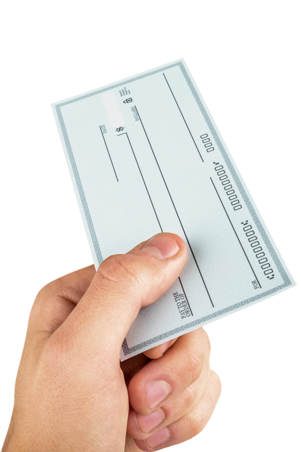 A hand is holding a check that says ' 1234567890 ' on it