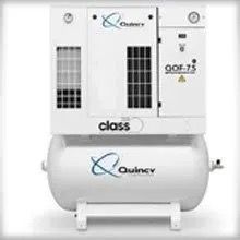 A white air compressor is sitting on top of a white tank.