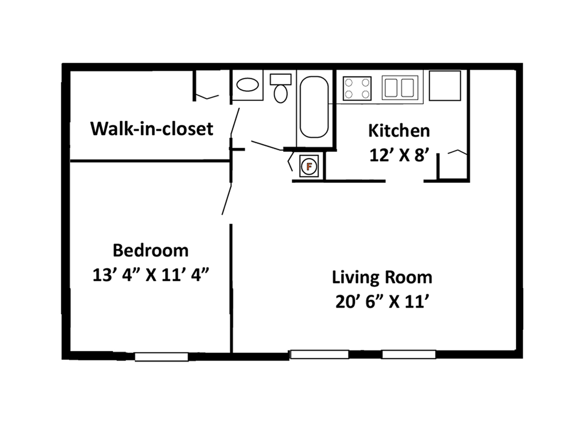 Floor plan of an apartment with a bedroom, walk-in closet, kitchen, and living room.