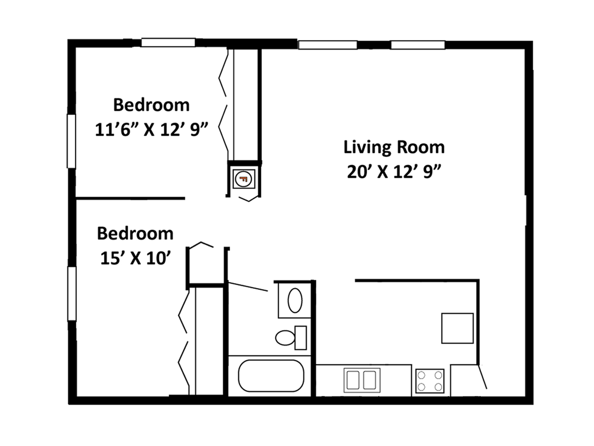 Floor plan of an apartment with a living room, two bedrooms, a kitchen, and a bathroom.