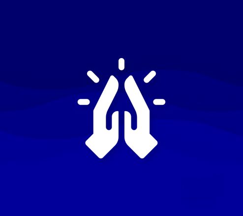 A white icon of two hands giving each other a high five on a blue background.