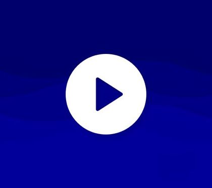 A white play button on a blue background.