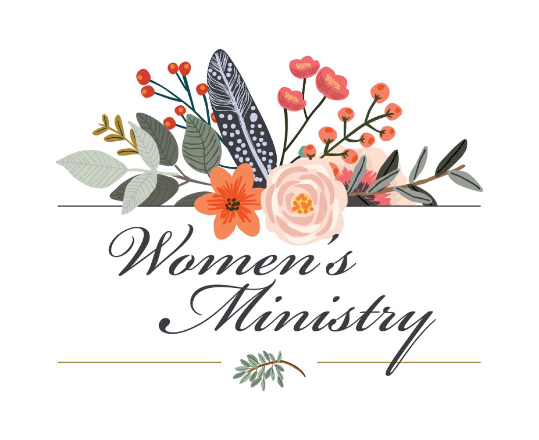 A logo for a women 's ministry with flowers and a feather.