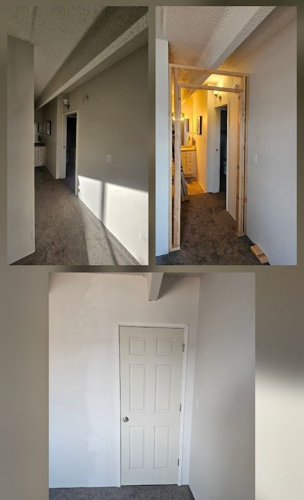 Hallway construction: door framing progressing. White walls, light pouring in. New door installed.