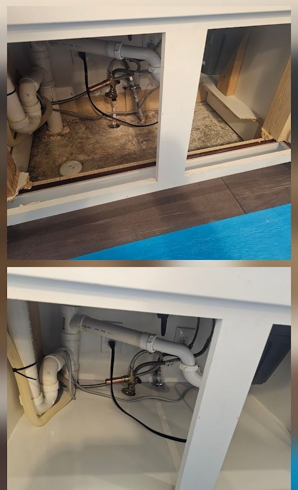 Before and after of a bathroom sink cabinet's plumbing. The after shows clean pipes and space.