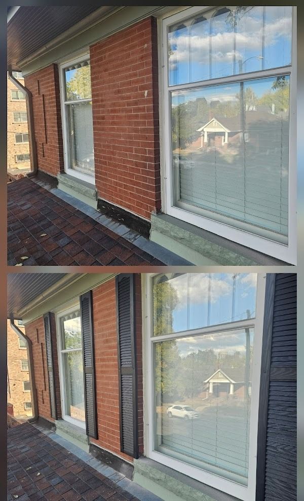 Before and after of house window with shutters. The brick wall is painted with black shutters and window trim.