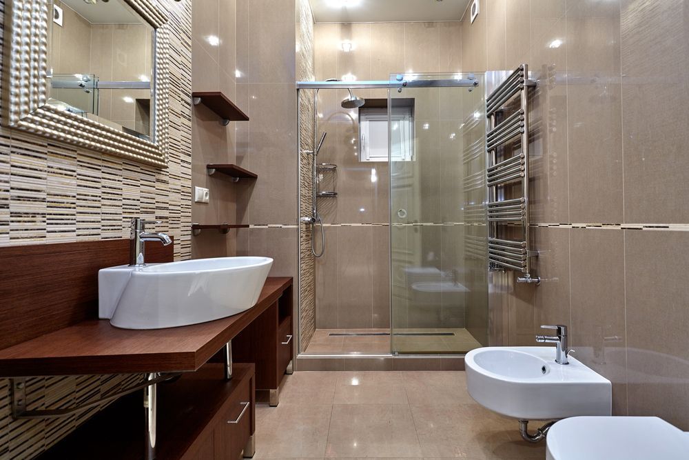 Modern Beige Bathroom with Glass Shower — Zero 21 Fit-Outs & Joinery: Kitchen Renovation Gold Coast in Burleigh Heads, QLD