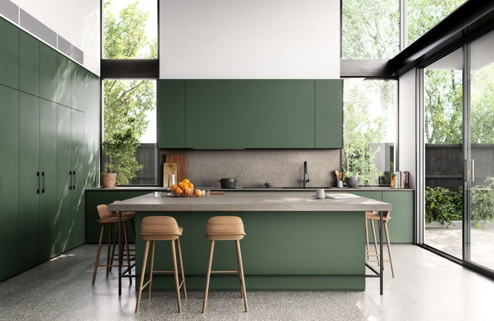 Modern Kitchen with Green Cabinets — Zero 21 Fit-Outs & Joinery: Kitchen Renovation Gold Coast in Molendinar, QLD