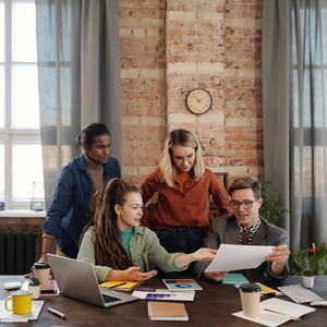 Team collaborating around laptops and papers in a bright office with brick wall and large windows