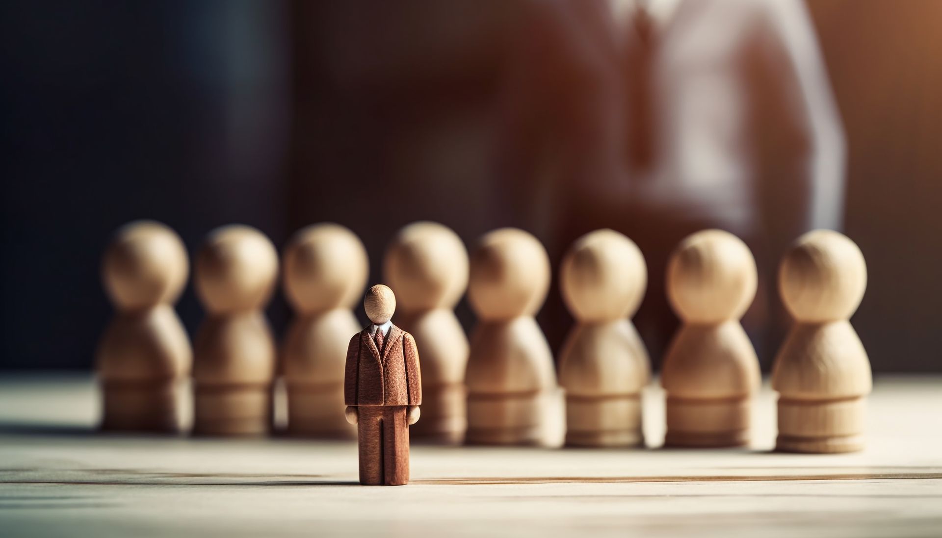 Small figurine in front of a row of larger blurred figurines on a tabletop