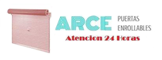 Logo de ARCE Puertas Enrollables con persiana rosa y texto “Atención 24 horas”