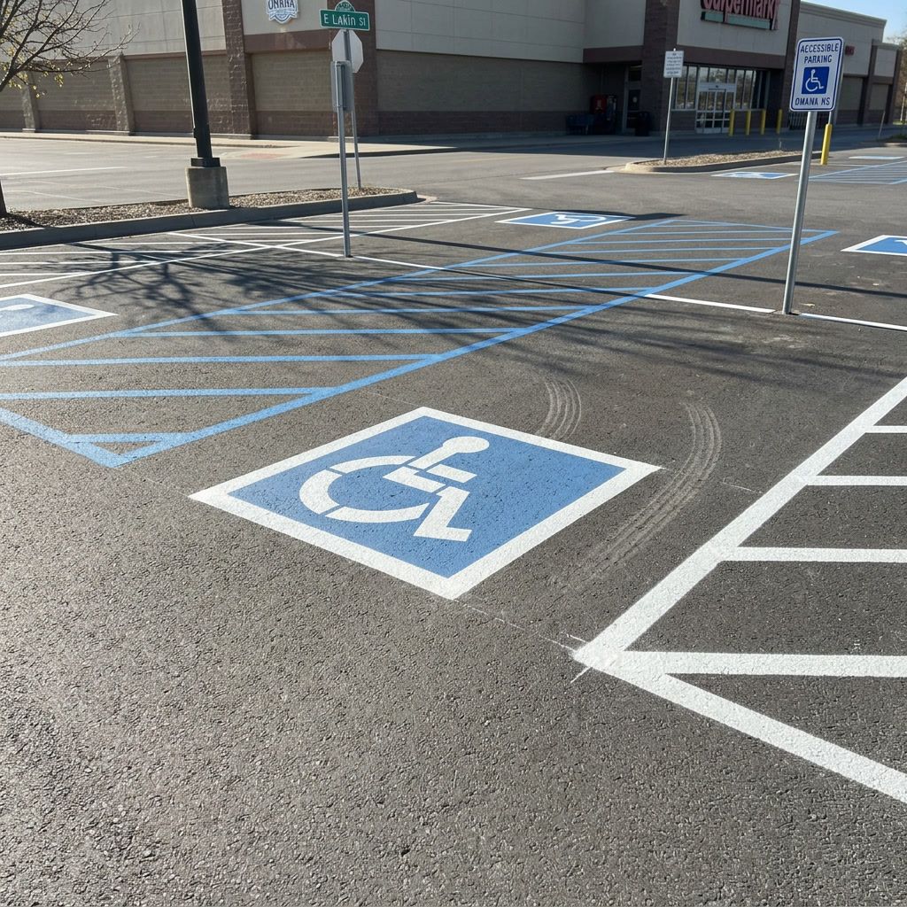 ADA handicap parking lot striping in Omaha Nebraska with blue accessibility markings and access aisles