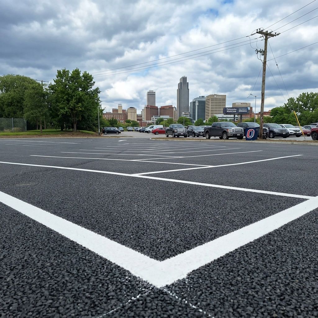 Commercial parking lot restriping in Omaha Nebraska with fresh white pavement markings and parking lines