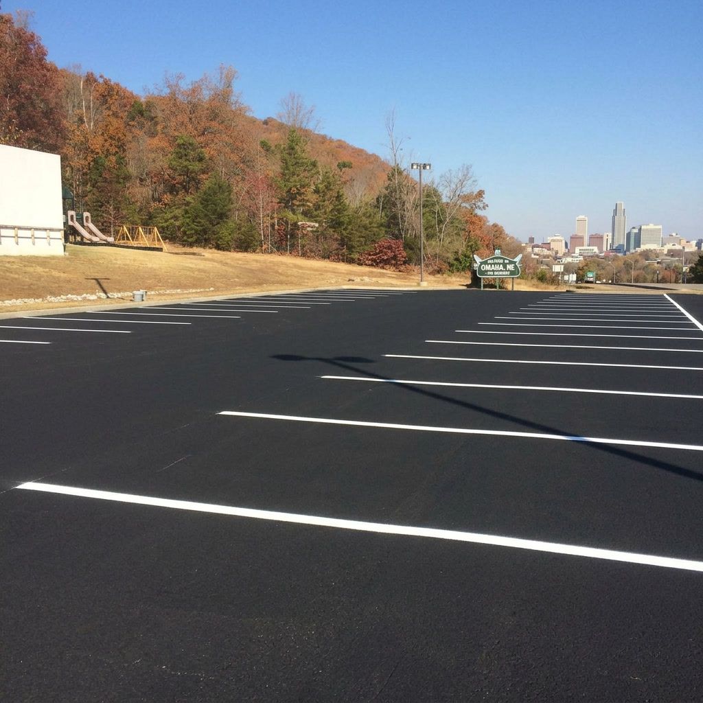Fresh parking lot line striping in Omaha Nebraska with clean white pavement markings on asphalt