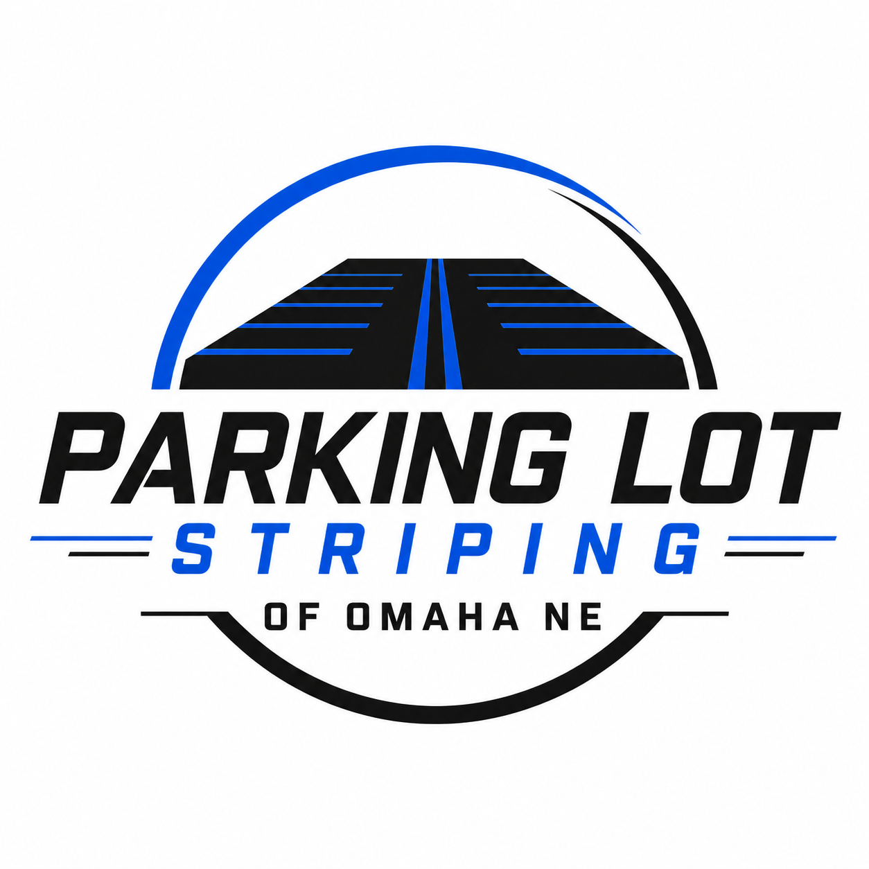 Parking Lot Striping of Omaha NE logo with blue design for asphalt and pavement marking services