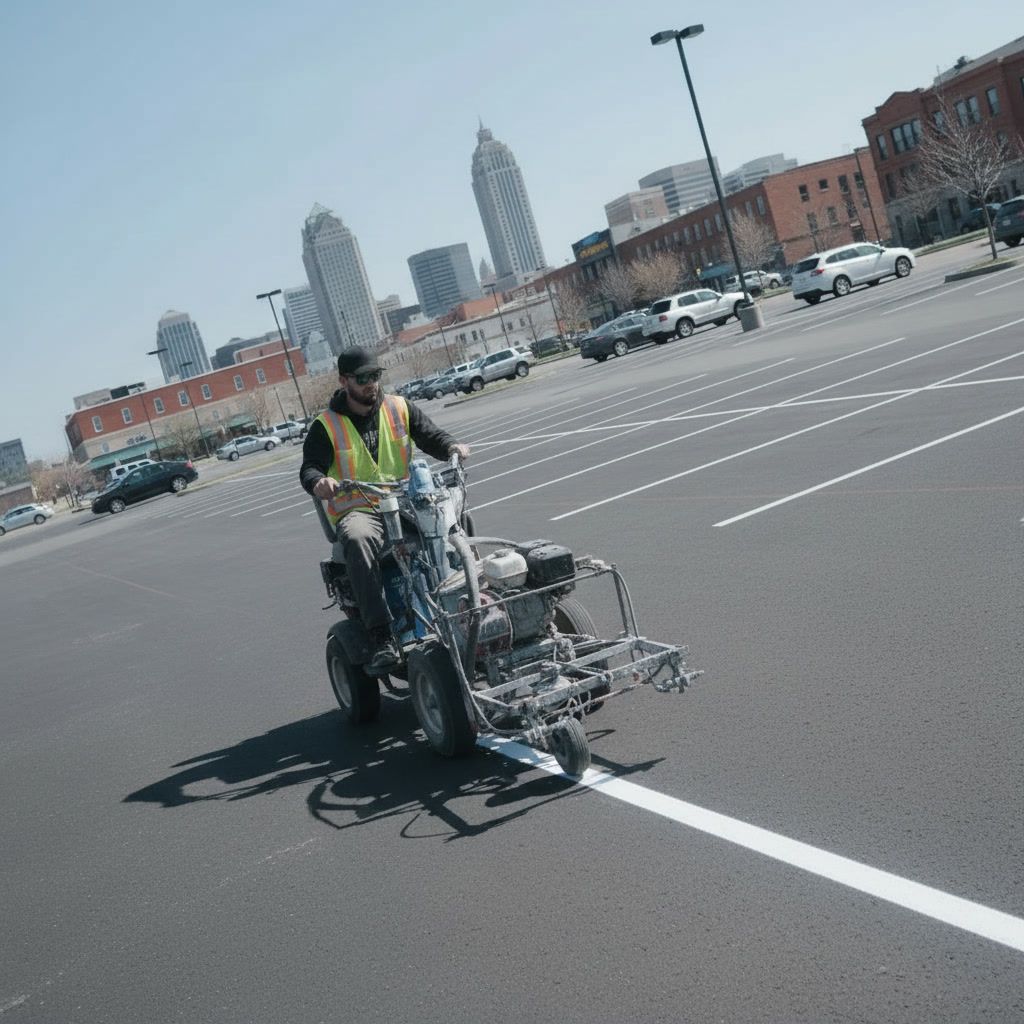 Parking lot striping contractor in Omaha Nebraska applying fresh white commercial pavement lines