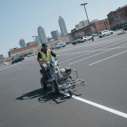 Worker using line striping machine to apply white line on asphalt parking lot for traffic control