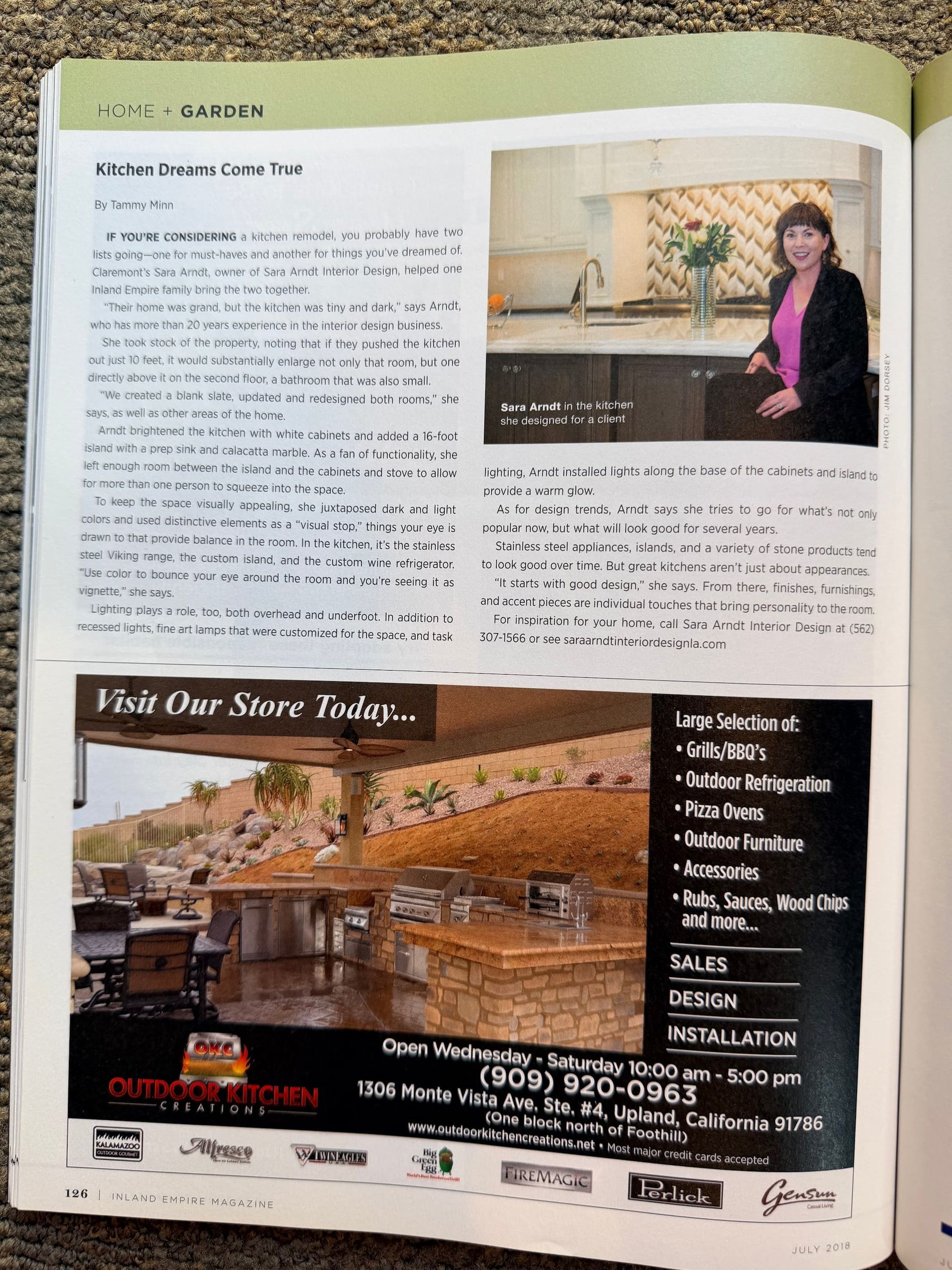 Open brochure spread with text, a woman by a kitchen counter, and a scenic resort advertisement.