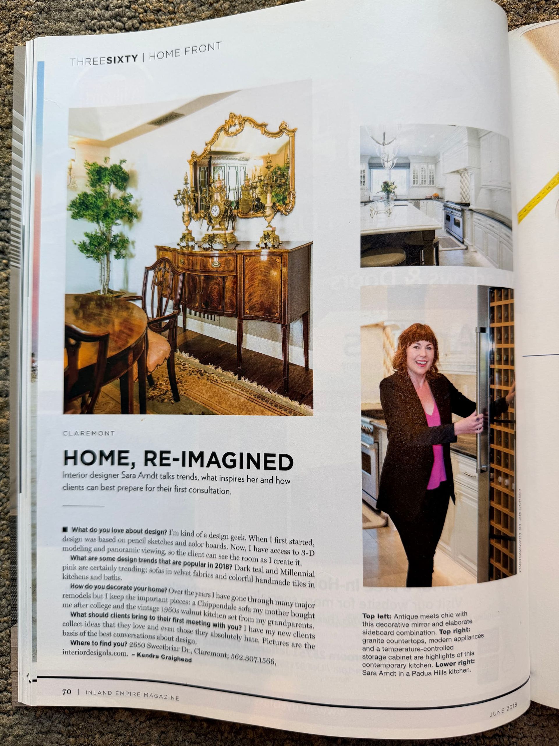 Magazine spread showing a home interior, ornate dresser, and a woman standing in a doorway