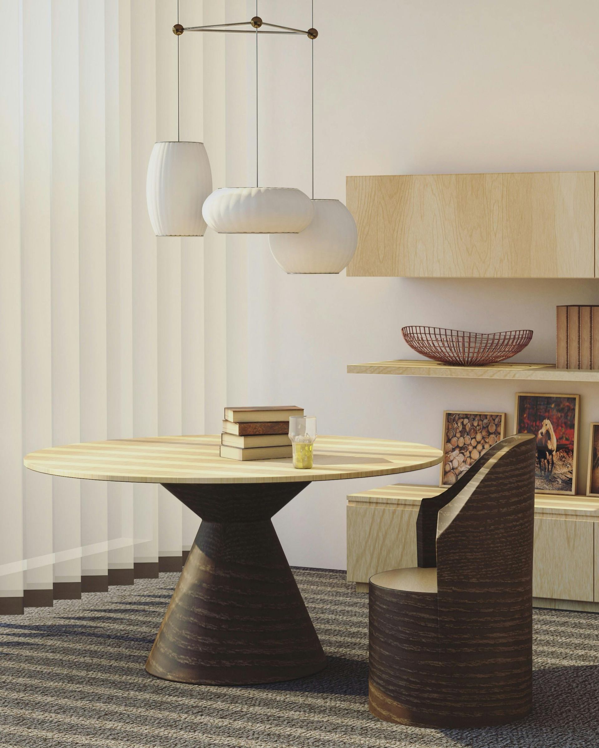 A dining room with a table and chairs and a chandelier.