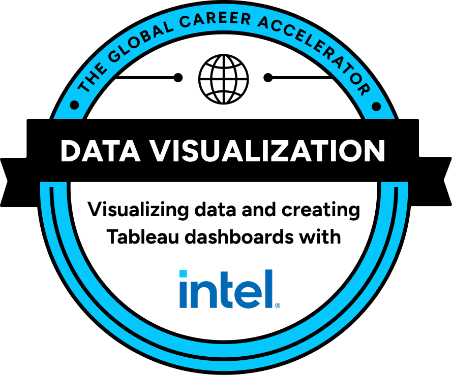 Badge for Data Visualization with Intel: Blue and black circular design with text and globe icon.