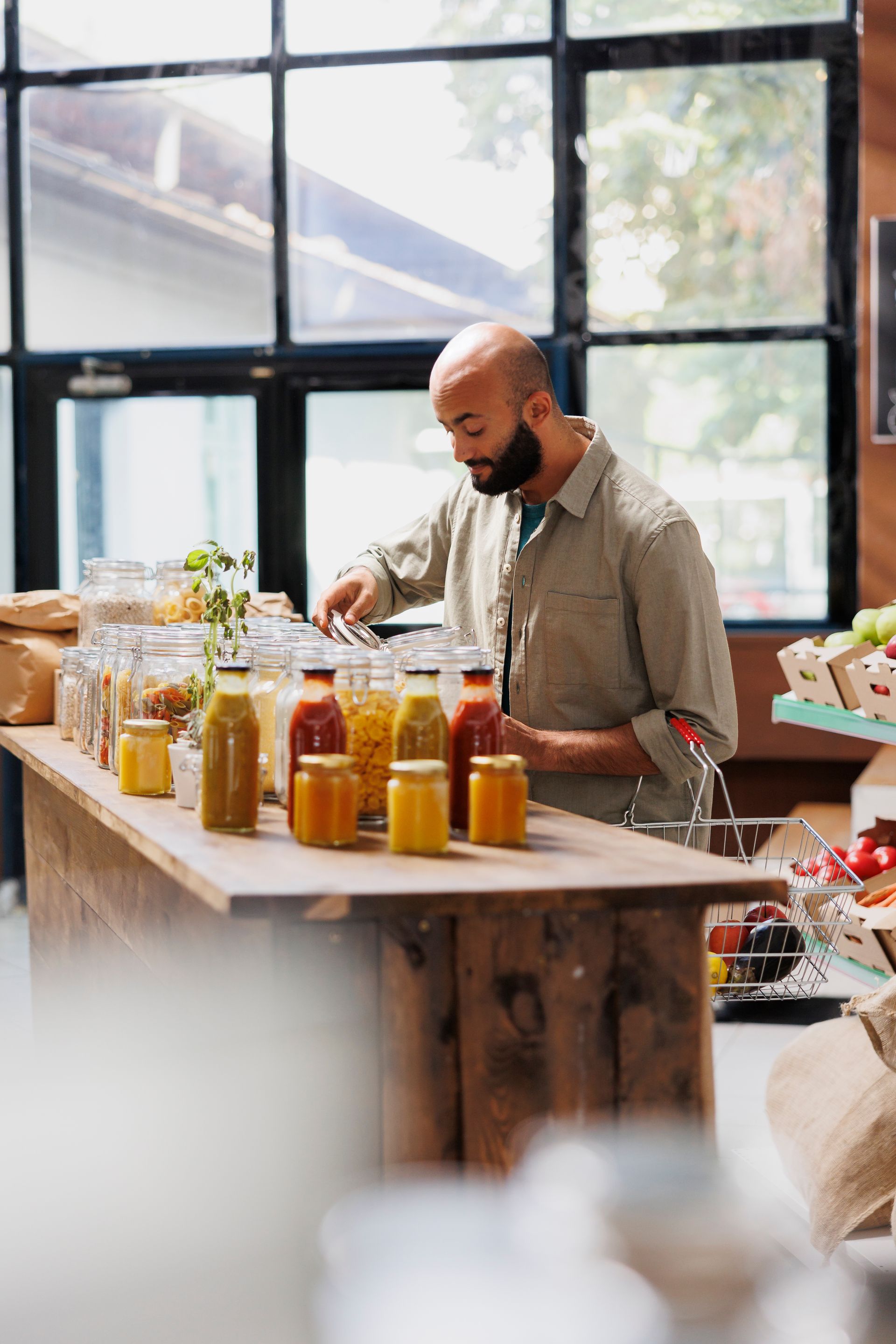 A man is standing behind a counter filled with bottles of juice.