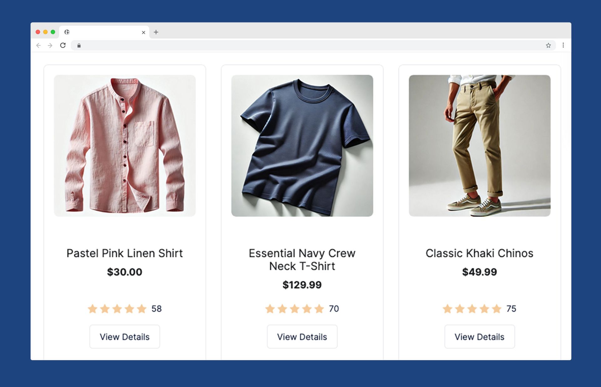 A screenshot of a website displaying three different shirts and pants.