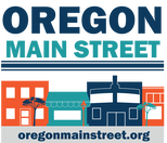 A logo for oregon main street with buildings and trees.