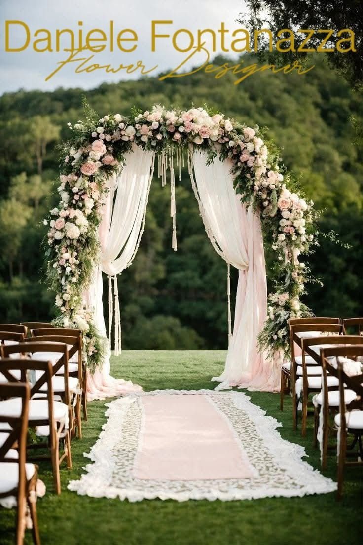 Arco floreale con drappeggi rosa e navata per una cerimonia nuziale all'aperto.