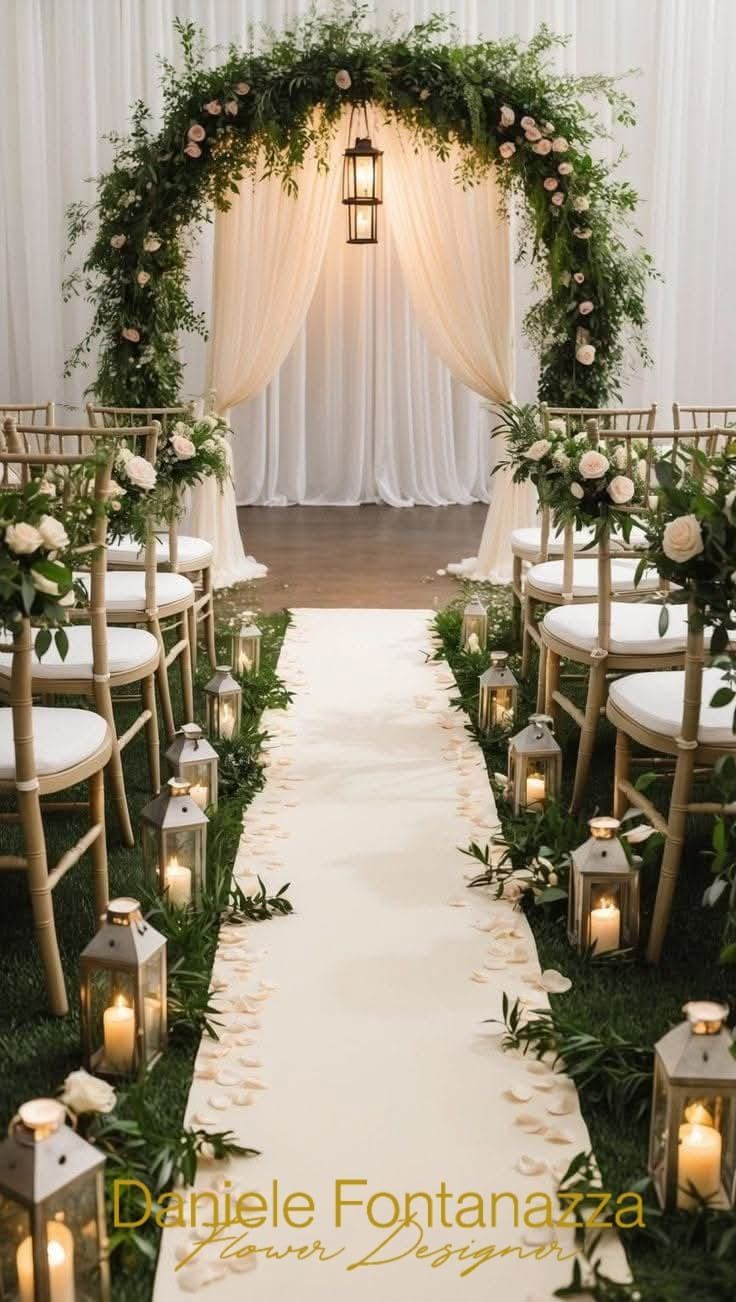 Allestimento per la cerimonia nuziale con arco floreale, navata fiancheggiata da lanterne e fiori, sedie bianche.
