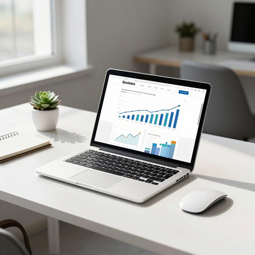 A professional business website showing growth analytics on a laptop screen.