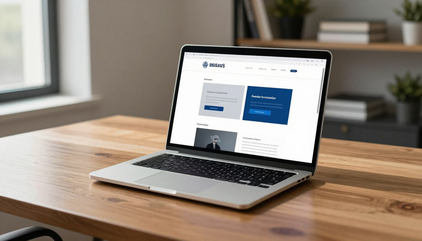 Modern laptop displaying a professionally updated business website in a bright office environment.