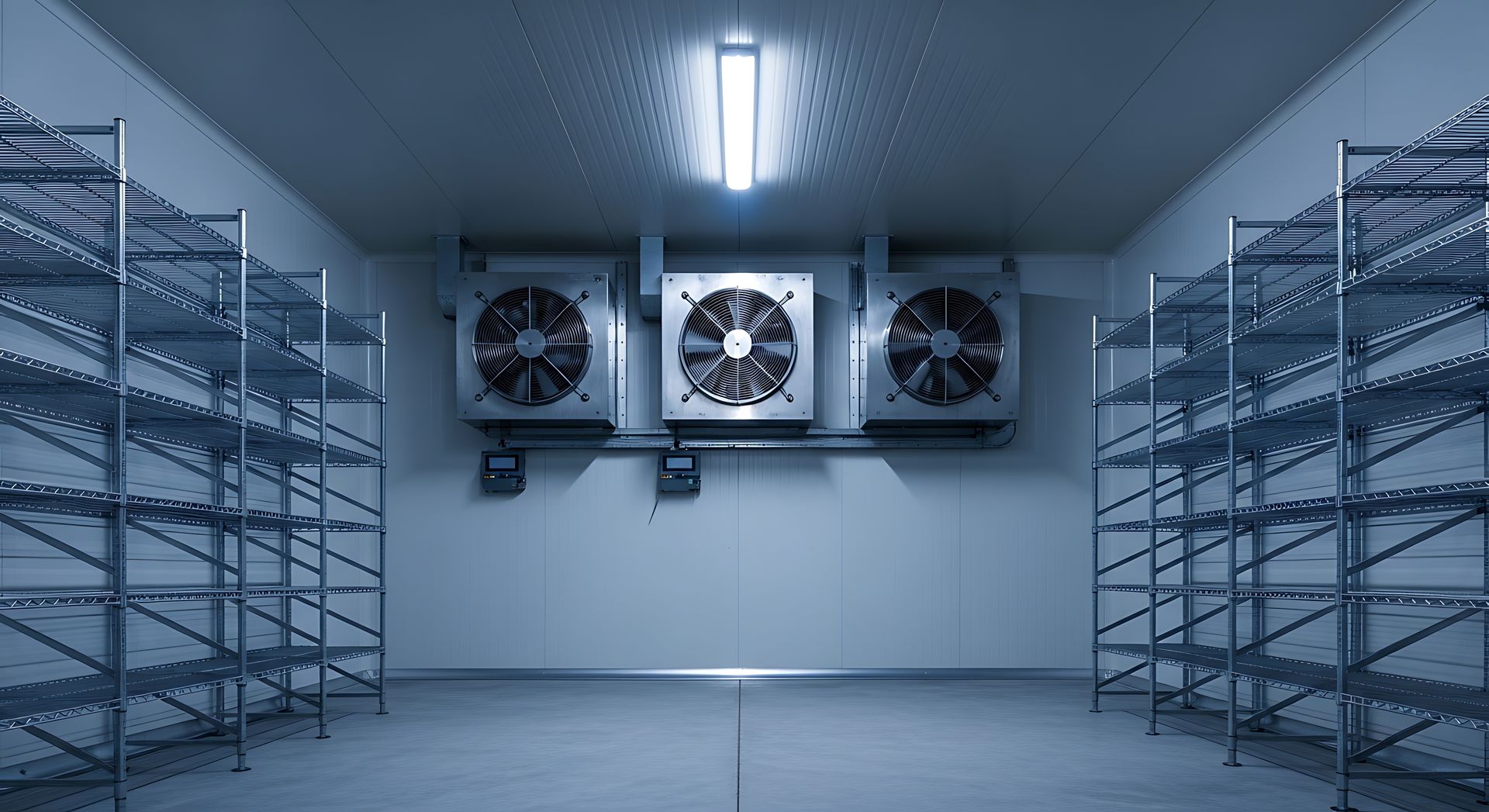 A modern temperature-controlled storage unit featuring metal shelving and industrial cooling fans. A modern temperature-controlled storage unit featuring metal shelving and industrial cooling fans.