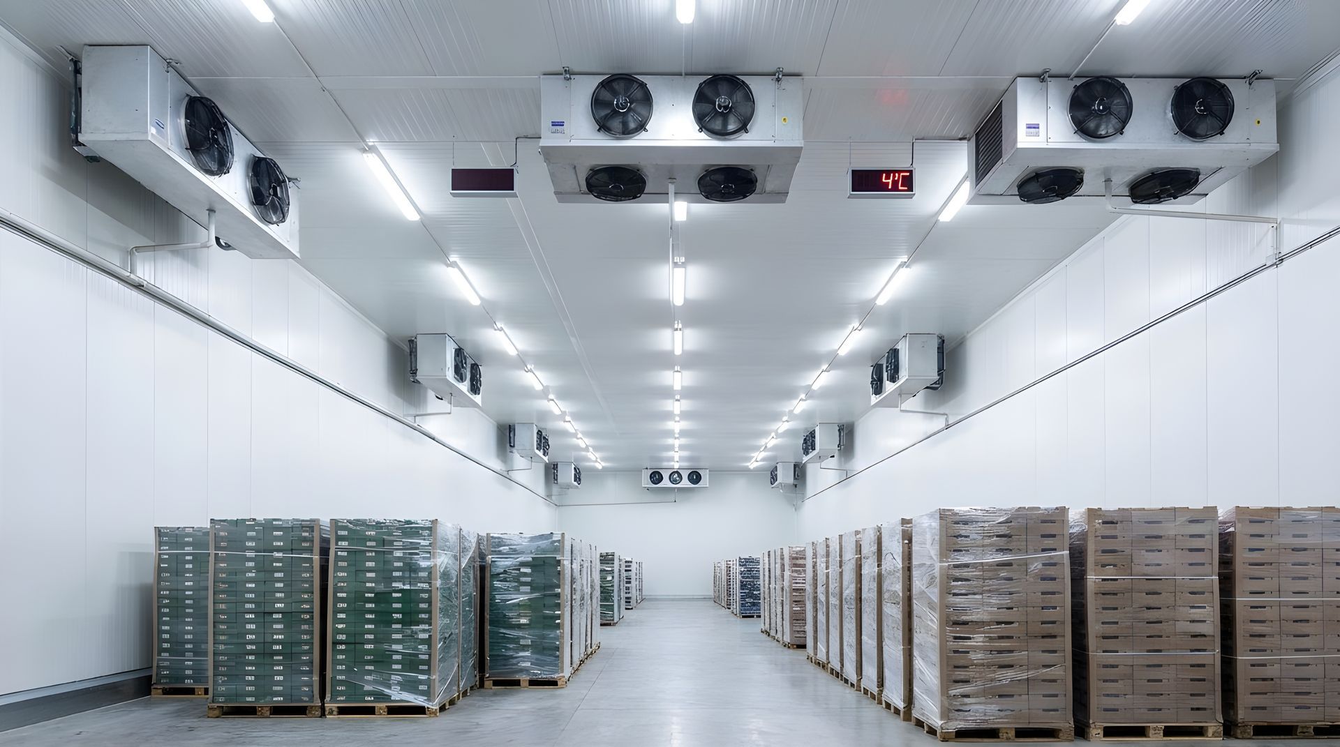 A large-scale, temperature-controlled storage unit with rows of pallets and industrial cooling. A large-scale, temperature-controlled storage unit with rows of pallets and industrial cooling.