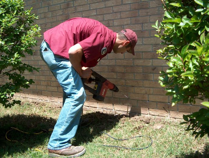 Person using a chainsaw to cut near the base of a tree by a brick wall in a yard.