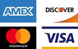 AMEX, Discover, Mastercard, and Visa credit card logos arranged in a 2x2 grid