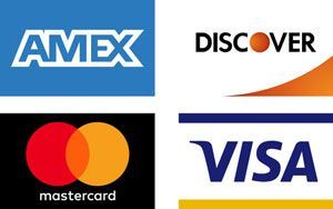 AMEX, Discover, Mastercard, and Visa credit card logos arranged in a 2x2 grid