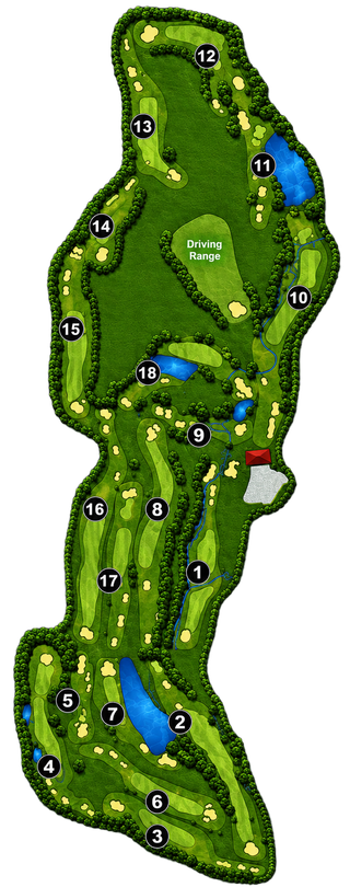 Top-down green golf course map with fairways, sand traps, water hazards, and numbered holes