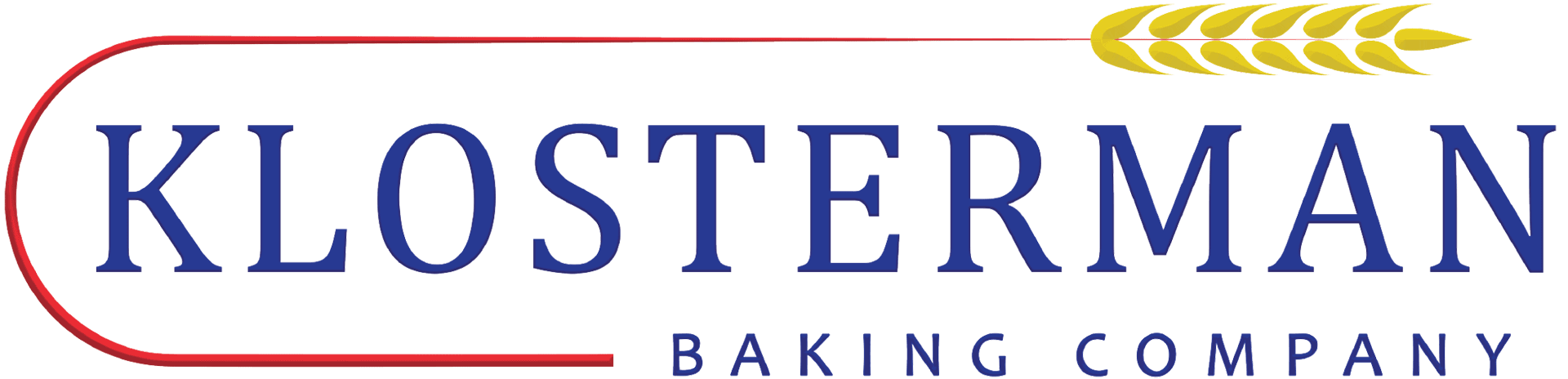 Logo for Klosterman Baking Company: Blue text with wheat and a red outline.