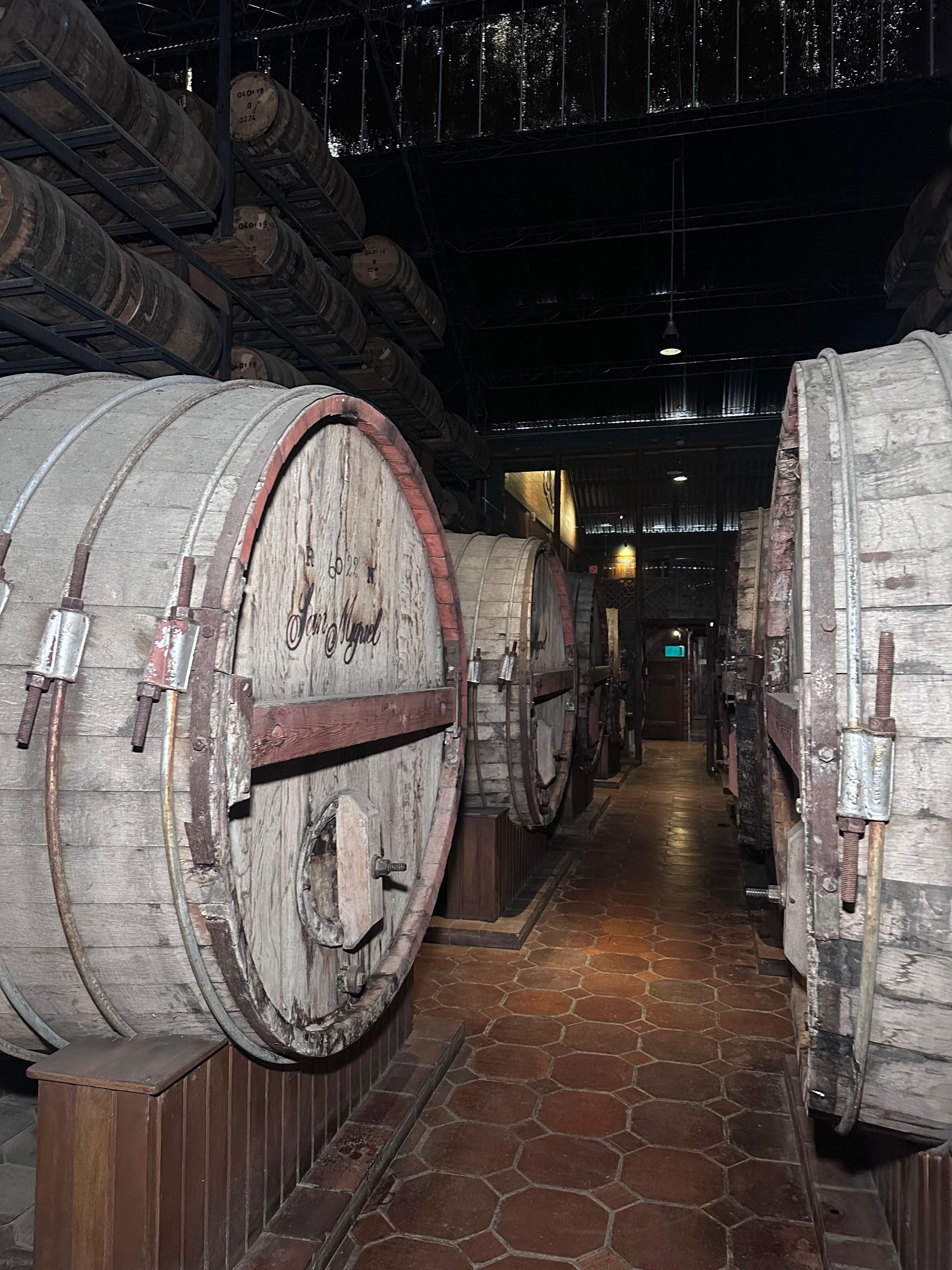 A rum cellar with large wooden barrels lining a narrow tiled aisle in a dark room