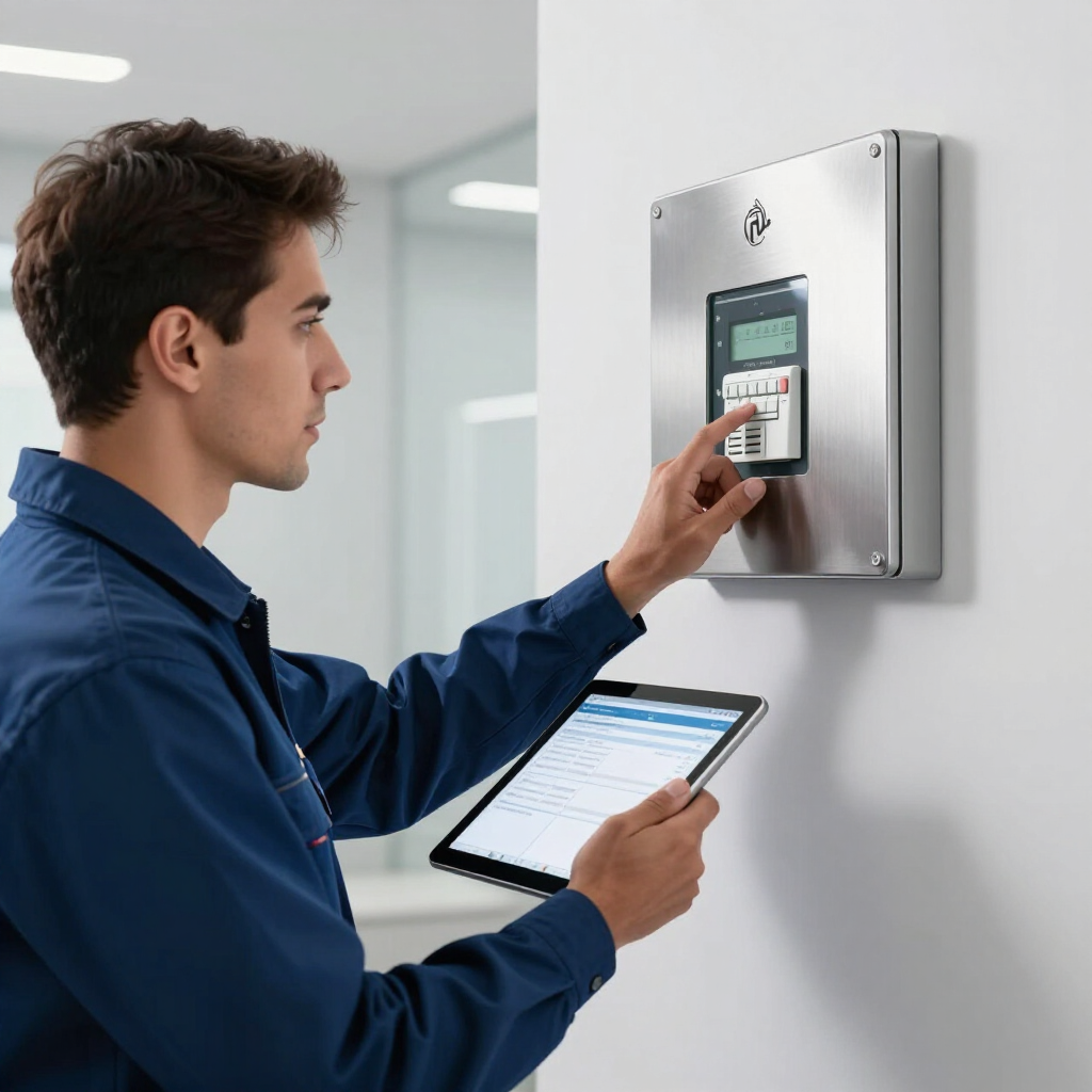 Person using a tablet to access a wall-mounted security panel indoors