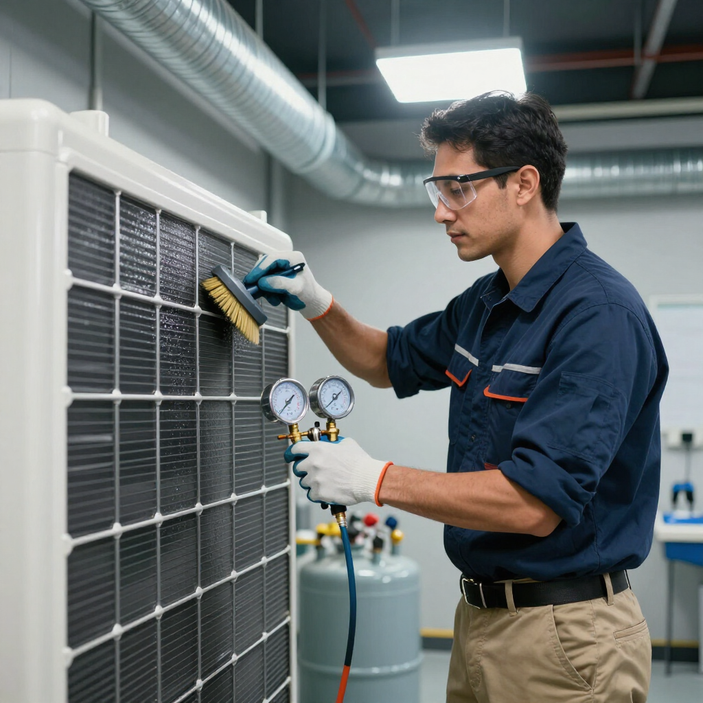 Technician inspecting an HVAC unit with gauges in a mechanical room