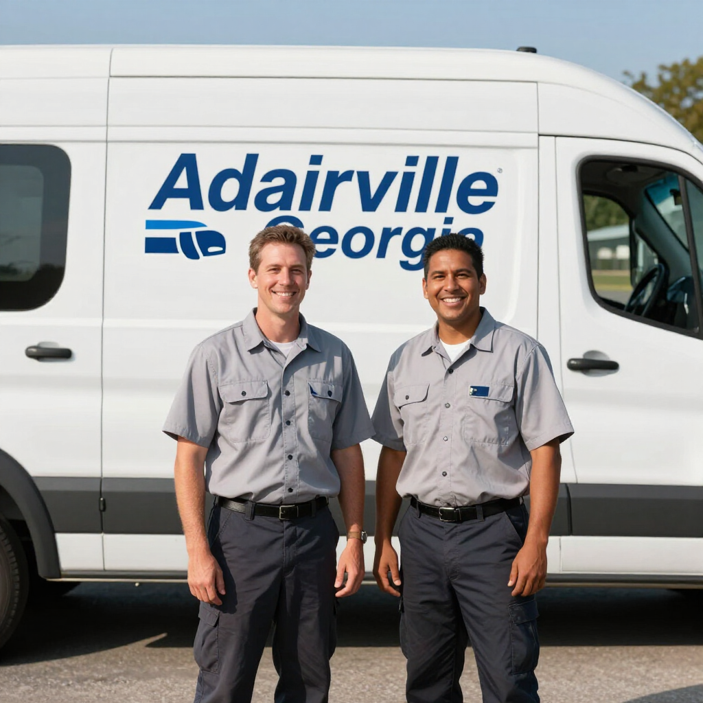 Two utility workers in gray uniforms standing beside an Adairville Energy van